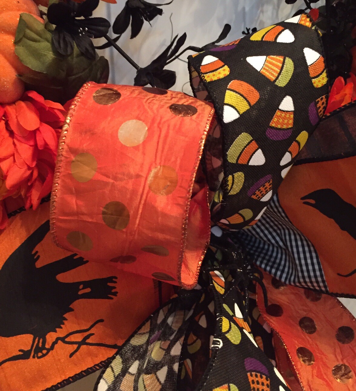 Halloween Spooky Wreath With A Black Evil Crow And Creepy Black Spiders