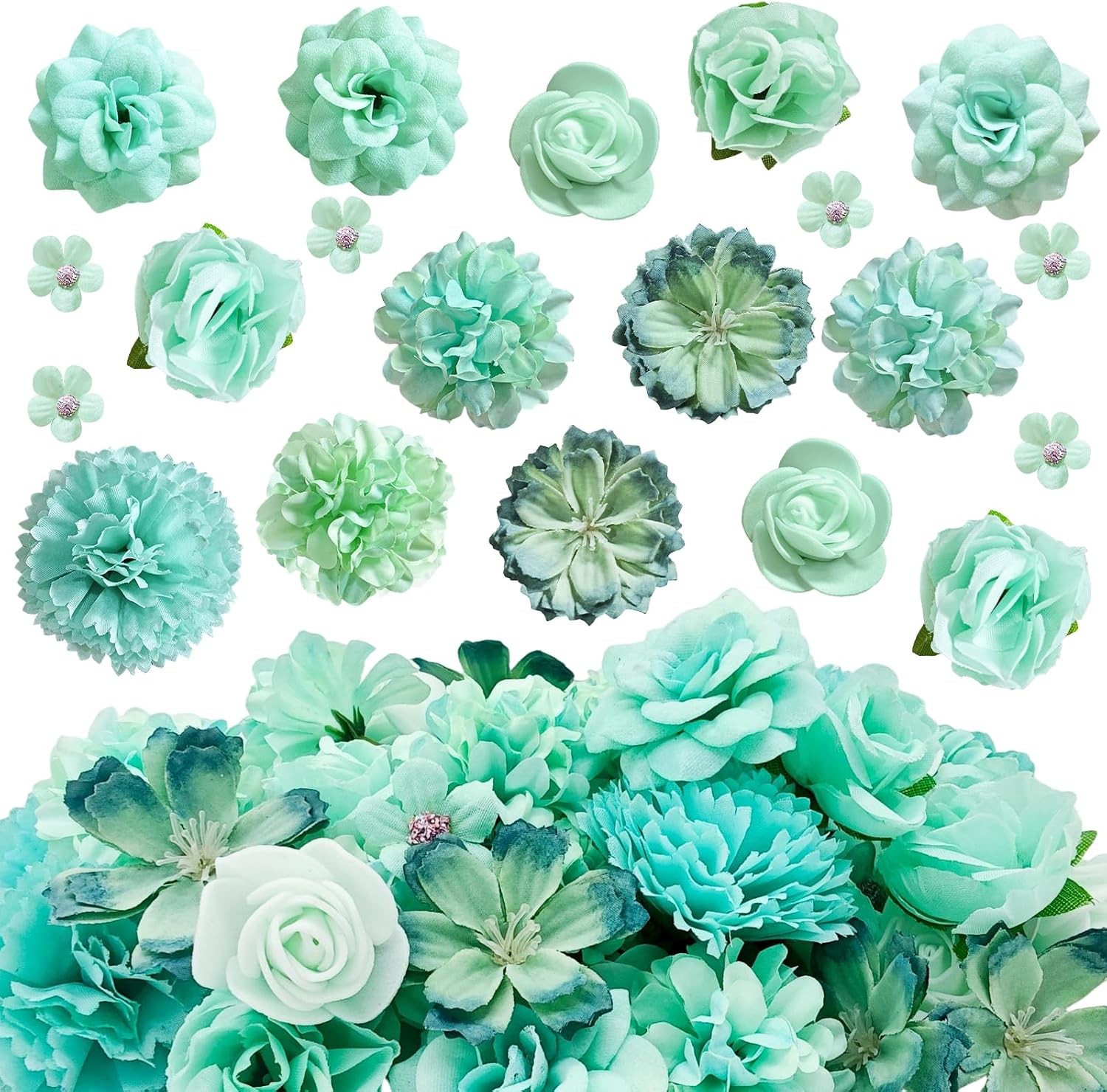 70 pcs Mini Artificial Flowers Heads Mint Green Silk Peony Daisy Rose Bulk Mix