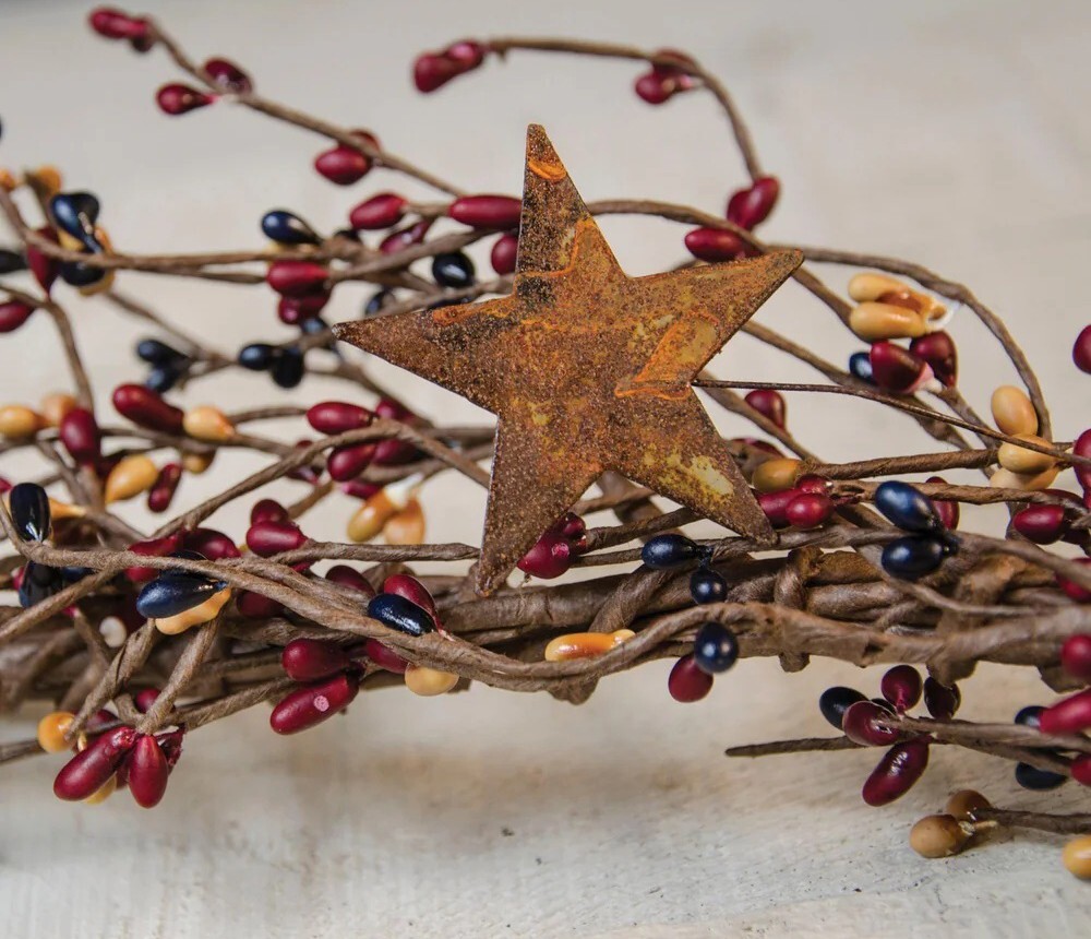 40″ Pip Berry Garland w/ Rusty 2″ Stars – NAVY BURGUNDY GOLD – Colonial Mix