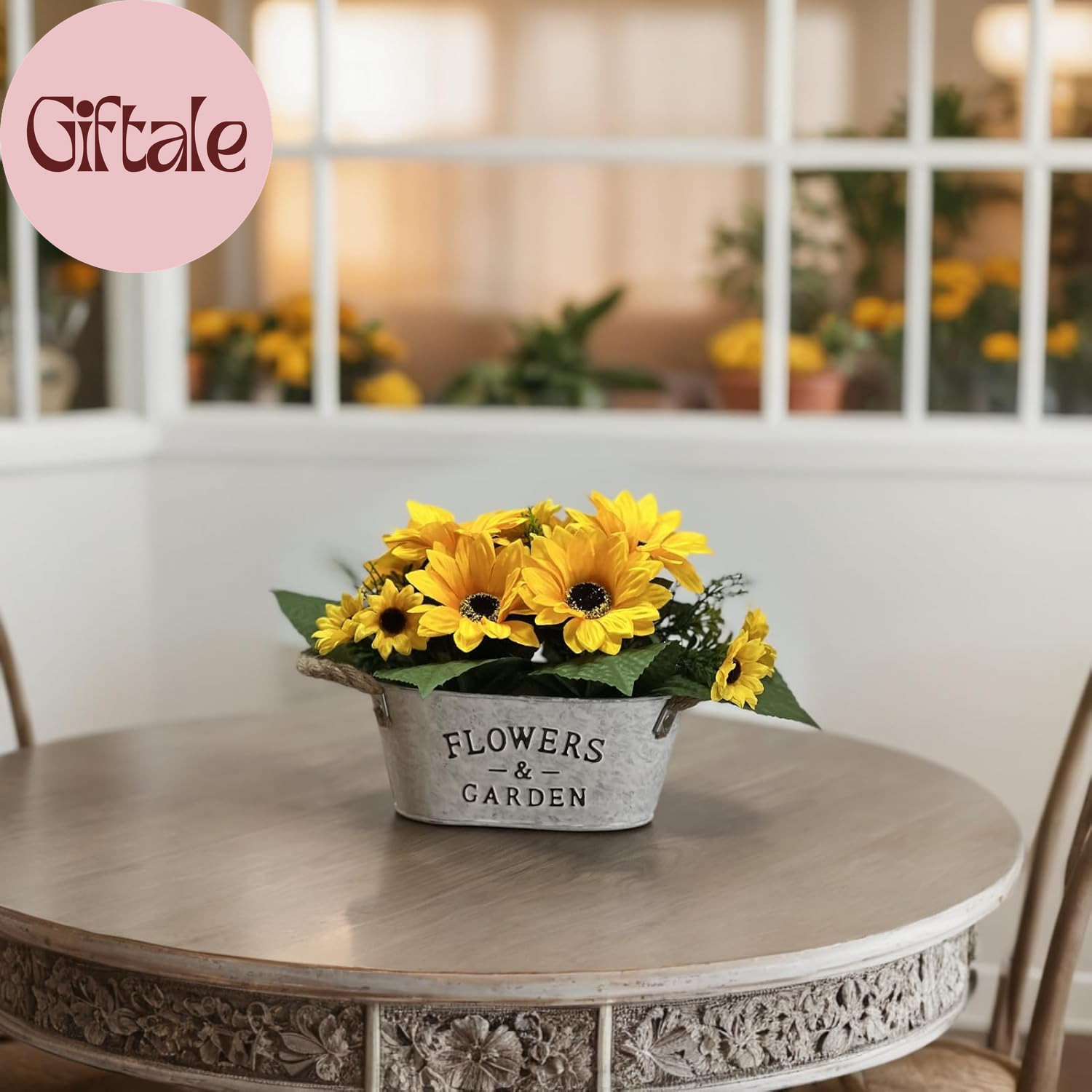 Artificial Flowers in Pot 8″ Tall Faux Silk Sunflowers with Metal Planter, Fake