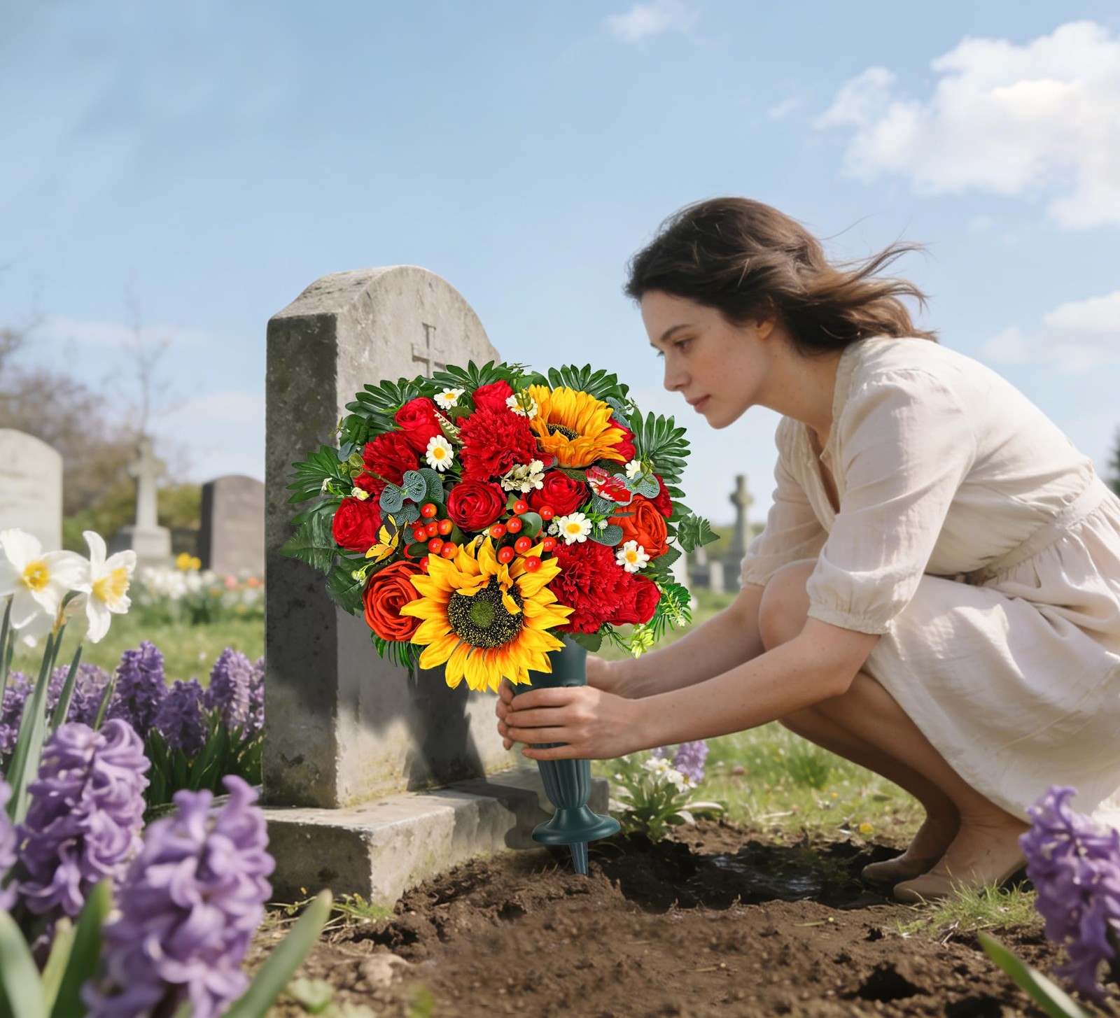 Artificial Cemetery Flowers for Grave Vase Gravesite Flowers,Headstone Decora…
