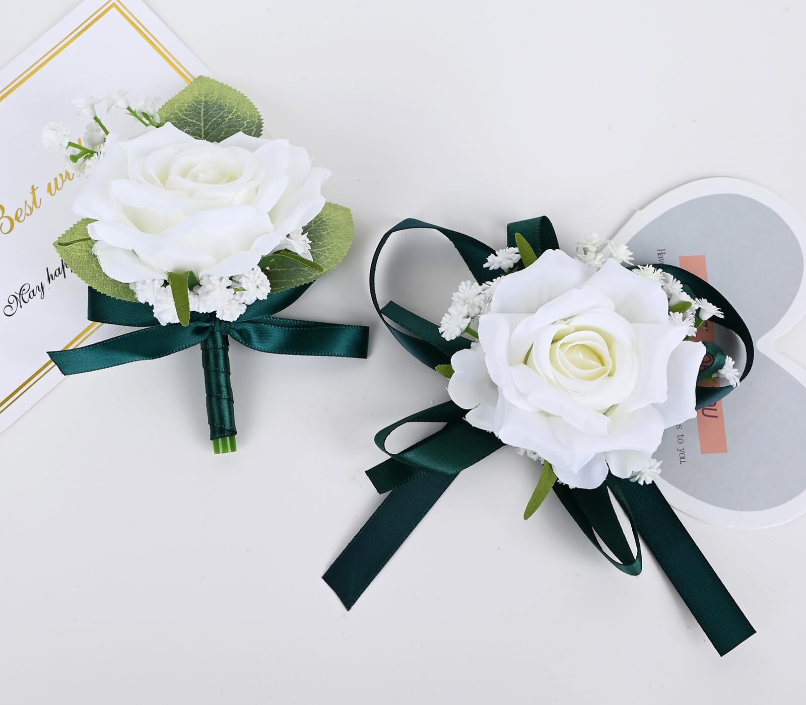 2 PCS White+Dark Green Artificial Wrist Corsage Boutonniere Set Prom