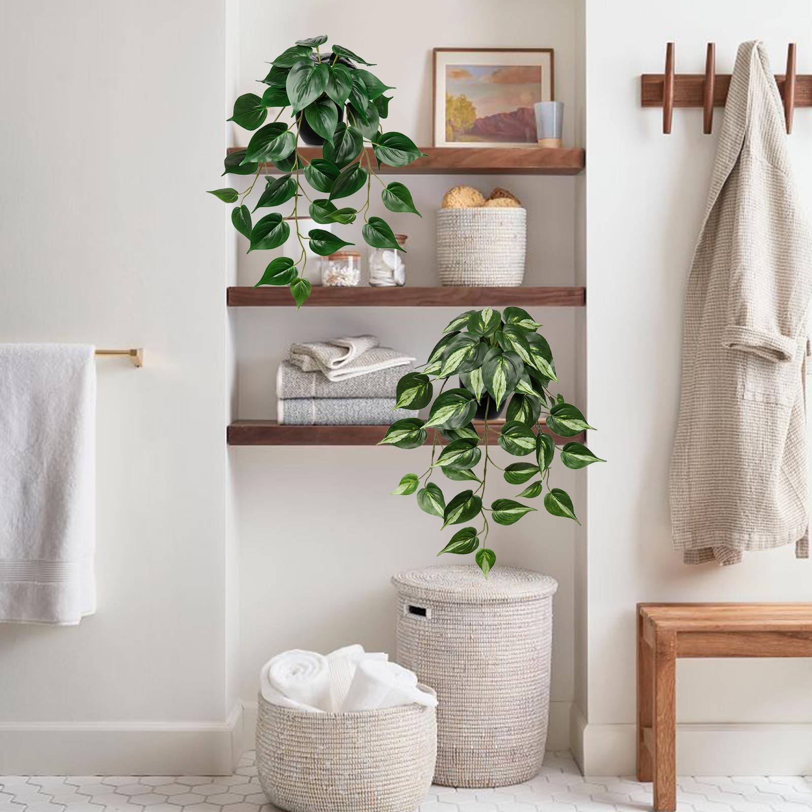2 Pack Artifitial Hanging Plants 18″ Fake Devil’s Ivy Golden Pothos Plants, H…
