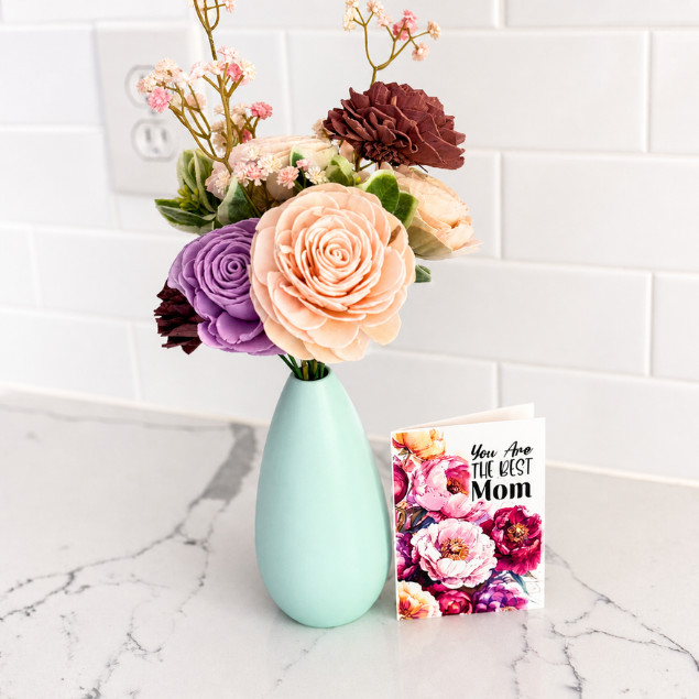 Sola Wood Flower Arrangement Blue Ceramic Vase Gift for Her Mom Home Decor