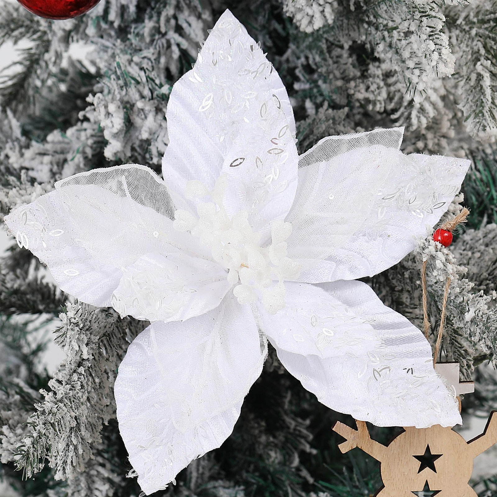 6 PCS 10.7 Inch Pure White Large Velvet Christmas Flowers Artificial Poinsettia