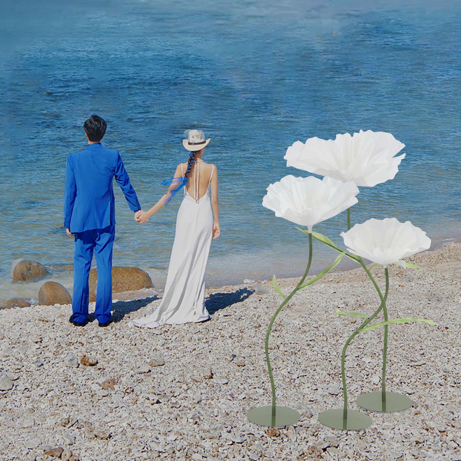 3pcs Giant Artificial Flower Poppy Free Standing Adjustable Wedding Decor White