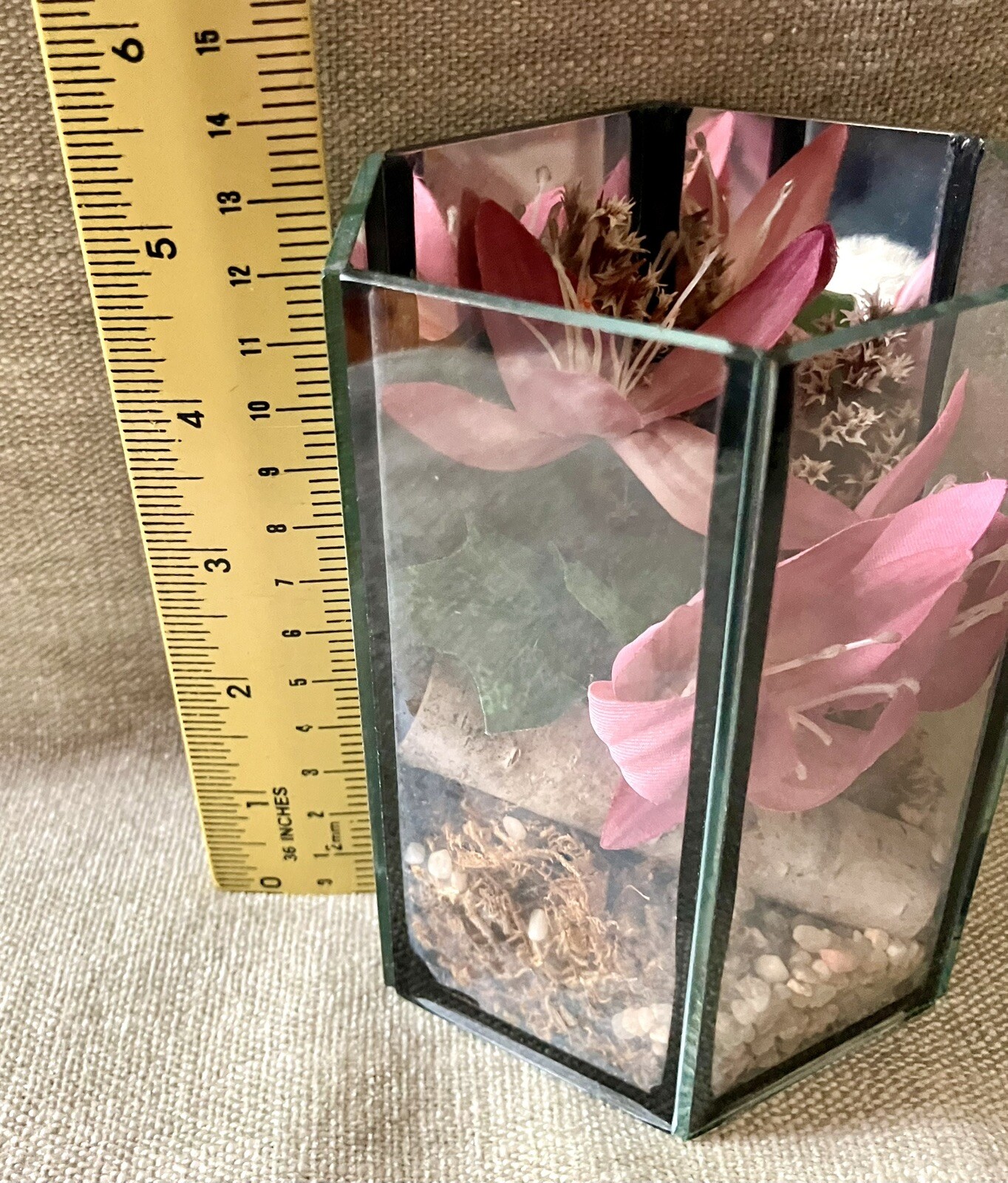 Vtg Geometric Terrarium Faux Pink Lily Glass Polygon On The Rocks Mirror Back
