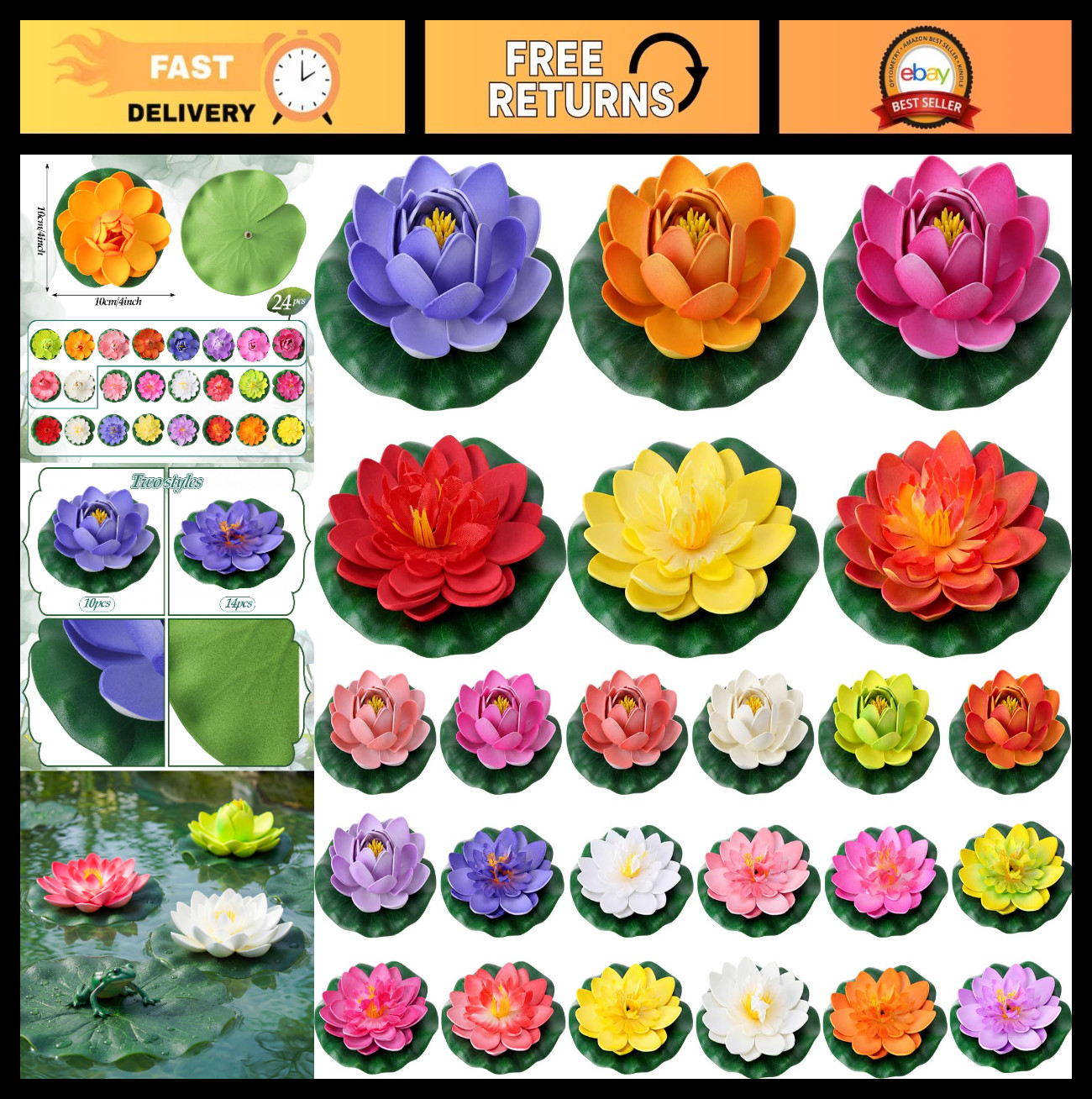 24 Pcs Floating Foam Lotus Flowers & Lily Pads – 14 Colors, Pond Decor, Garden O