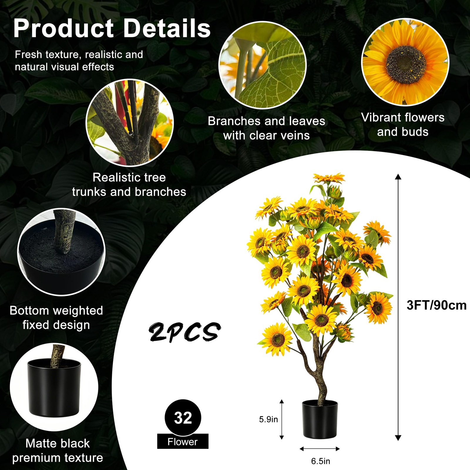 3FT Artificial Sunflower Topiary Trees Set of 2 – UV Resistant Fake Flower Tr…