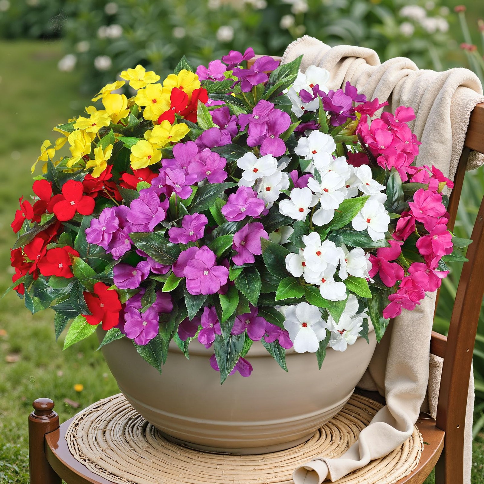 6 Bundles Artificial Impatiens Flowers for Outdoors, Multicolor