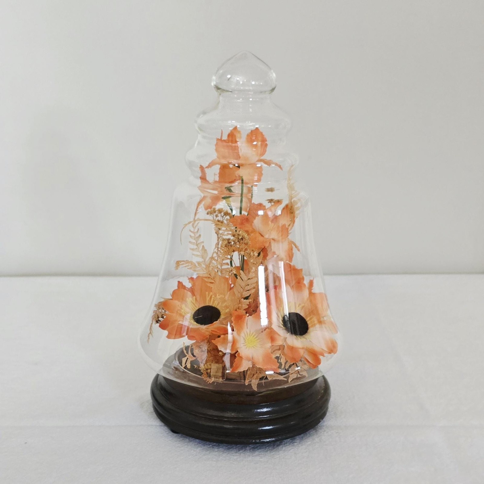 Vintage Kmart Orange Faux Floral Arrangement Glass Cloche, Bell Jar Dome on