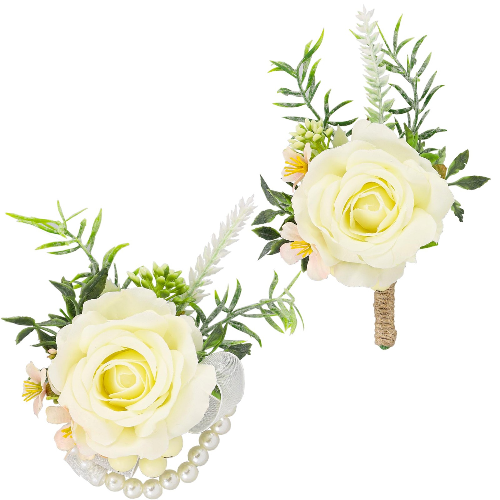 Creamy Wrist Corsage Boutonniere Set Prom Wedding Men Flowers Party 2 PCS