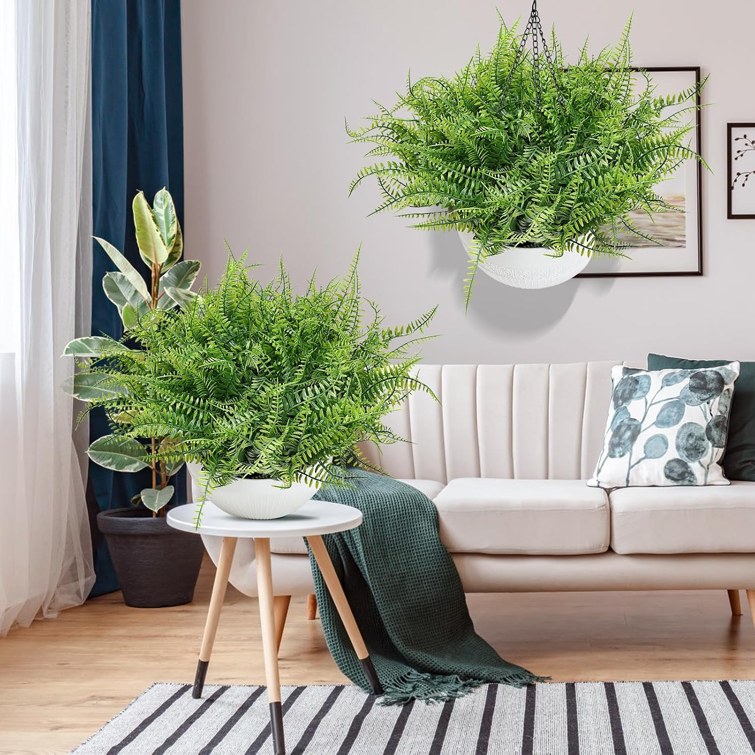 Set of 2 UV Resistant Artificial Hanging Ferns for Indoor/Outdoor Decor