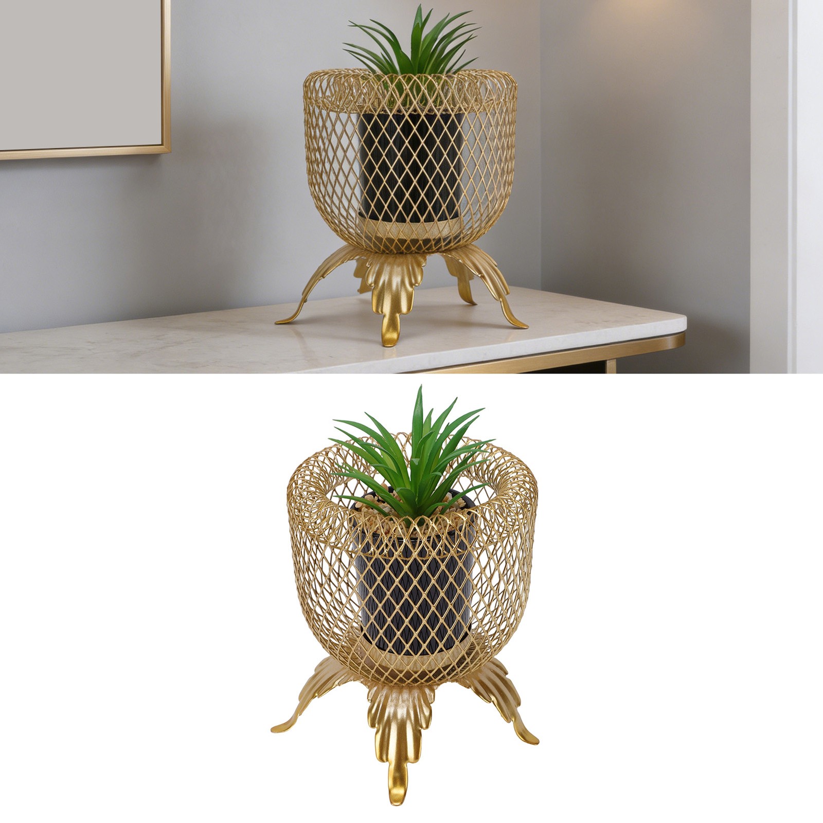 Small Fake Plant With Metal Cage Decorative Potted Artificial Succulent For Home