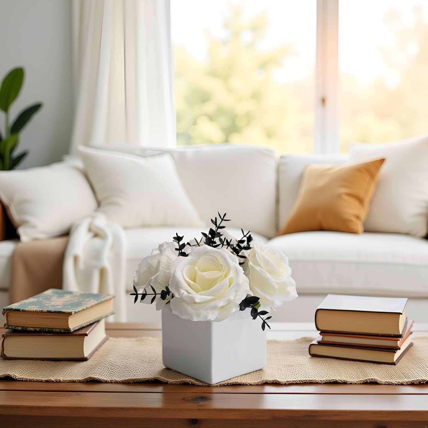 White Rose Artificial Flowers Vase Black Eucalyptus Faux Floral Modern Decor