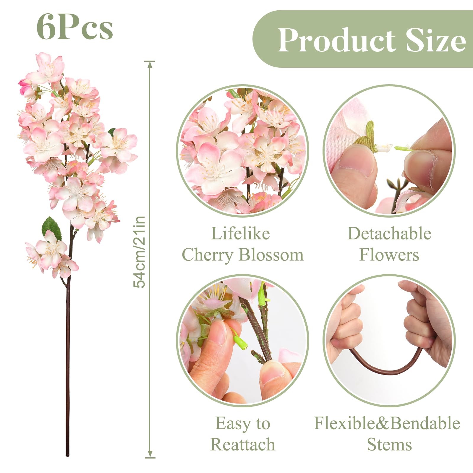 6 PCS Pink Artificial Cherry Blossom Branches Faux Silk Flowers Fake Plants