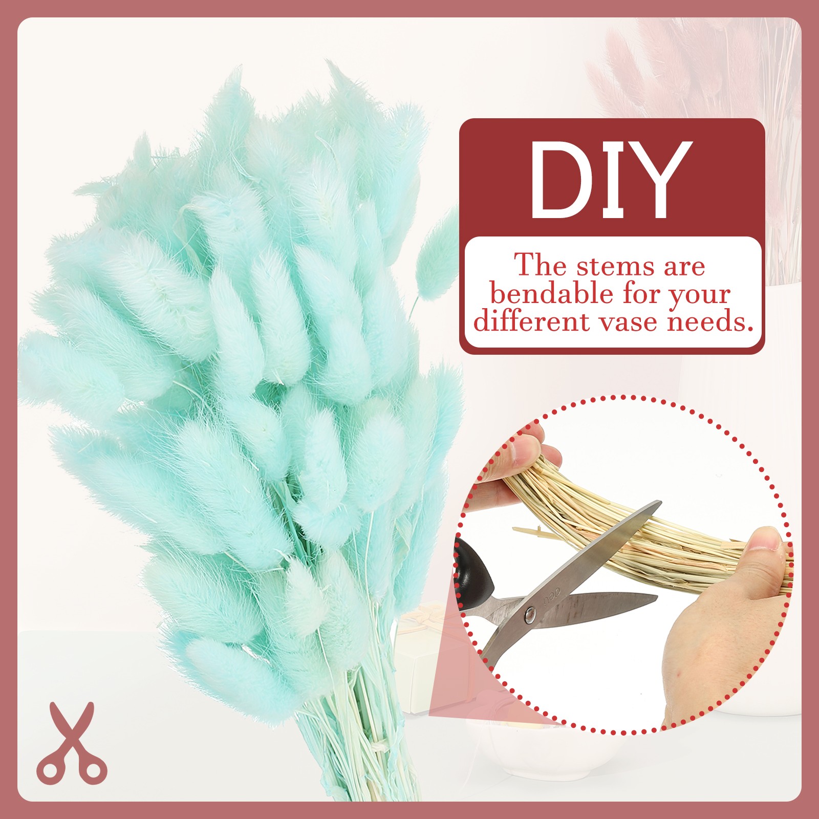 15.7in Bunny Tails Dried Flowers 150pcs Pampas Grass Decor, Light Blue