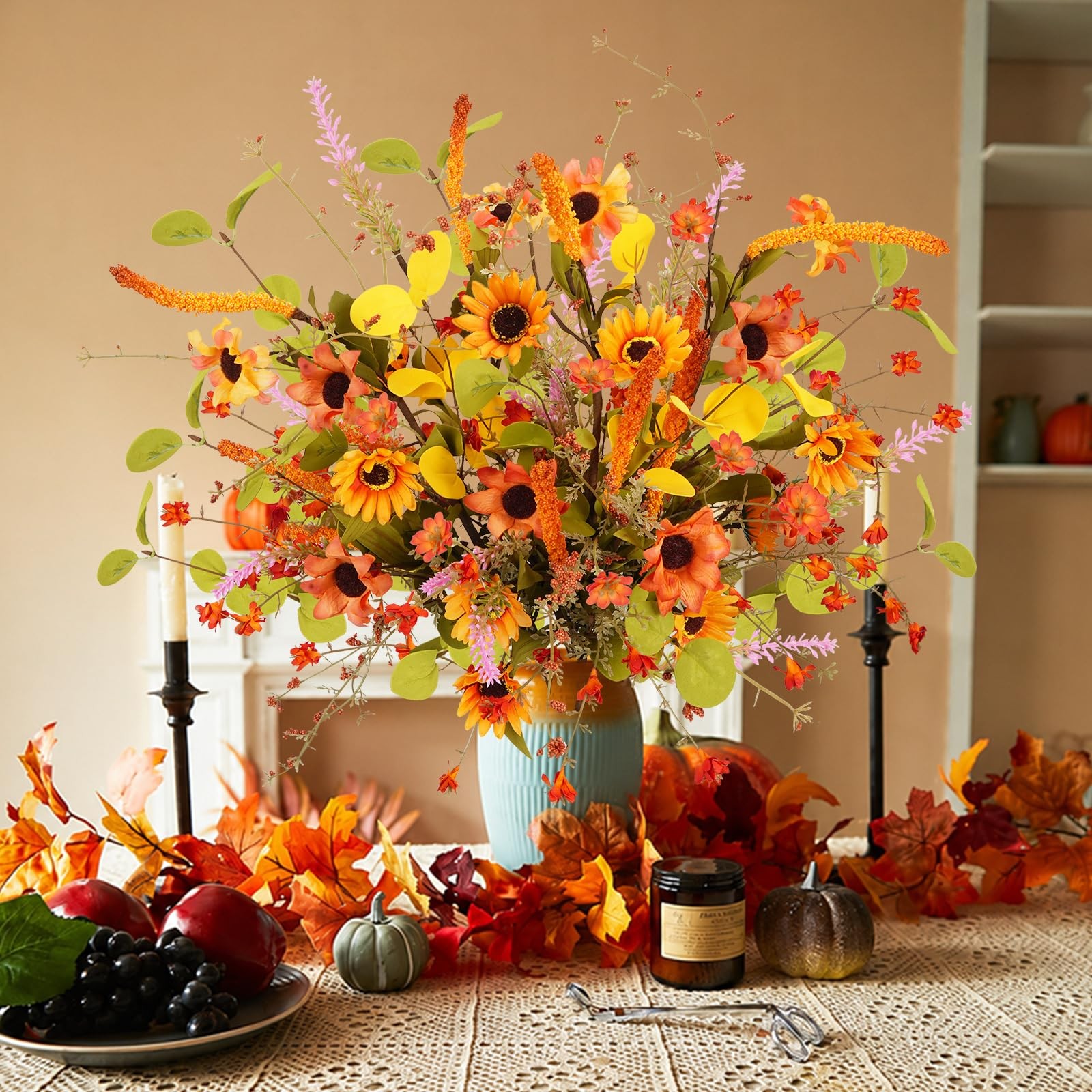 23 Inch Artificial Fall Flowers Fake Sunflower Orange Faux Flowers with Laven…
