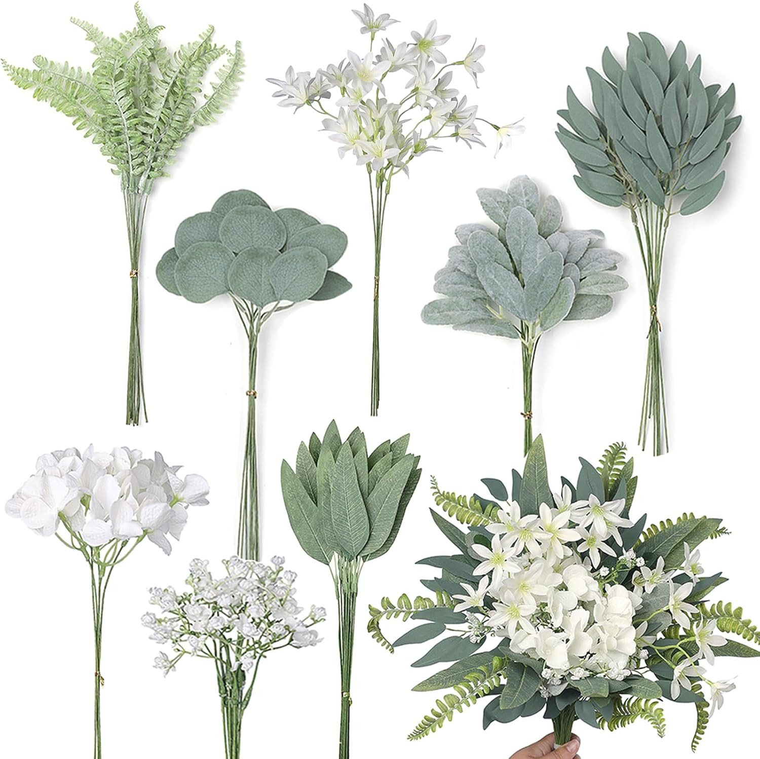 Artificial Greenery Stems Box Set(Pack of 75Pcs) with 8 Kinds of Faux Plants and