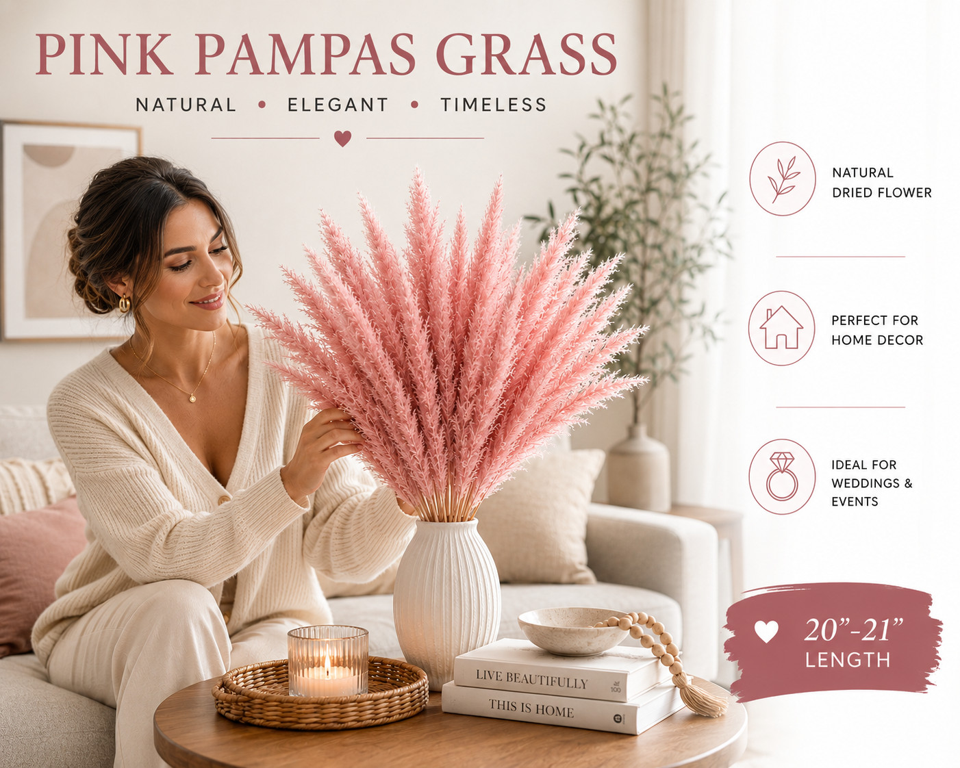 2 Pack Pink Pampas Grass 30 Stems Total 20-21″ Dried Boho Decor