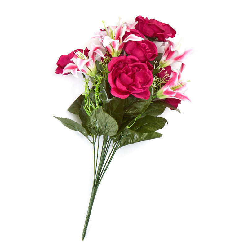 Factory Direct Craft Colorful Fuchsia Poly Silk Rose and Lily Mixed Floral
