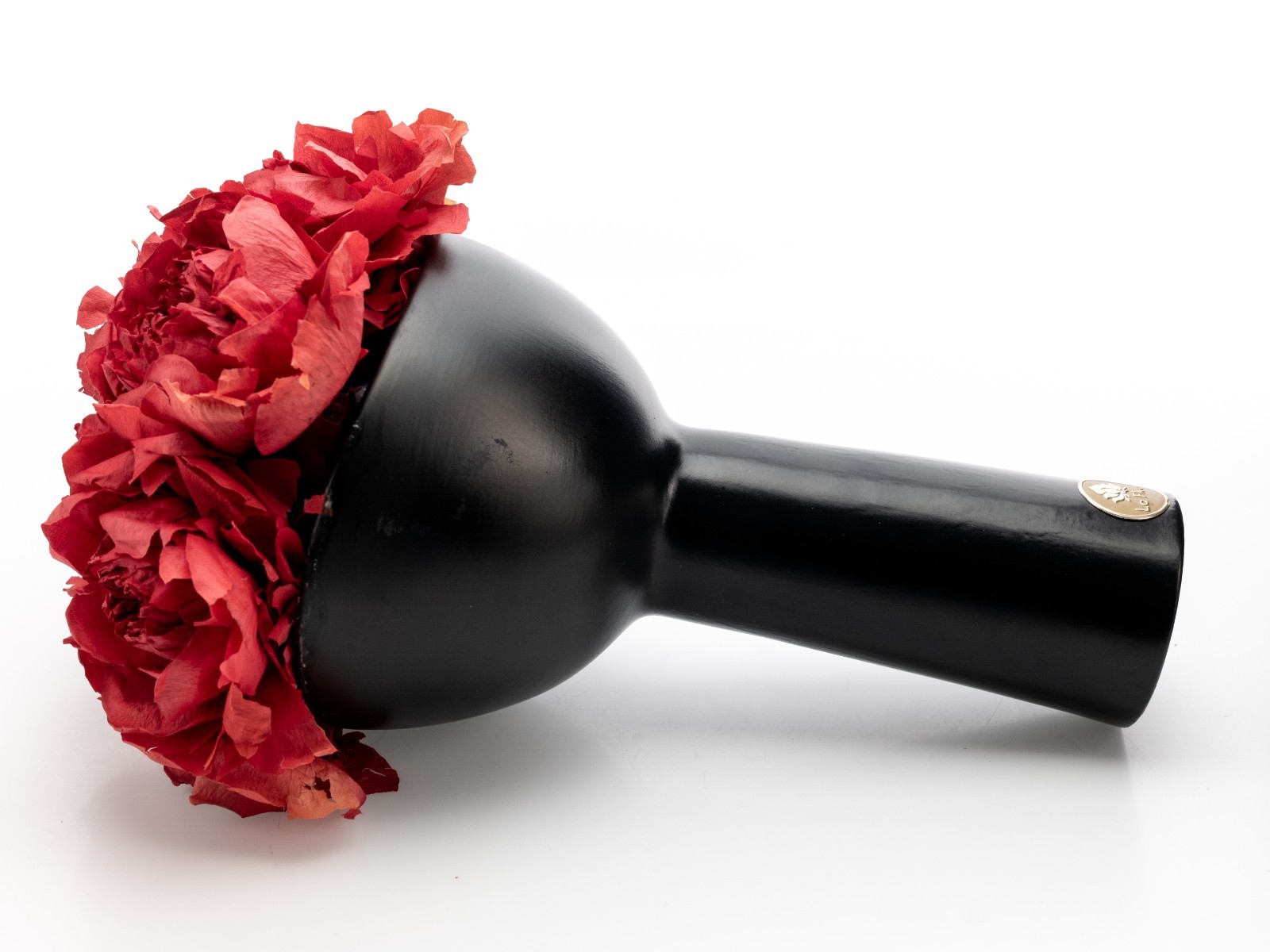 La Fleur Bouquets Red Peonies In 9″ Black Ceramic Vase Los Angeles 11.5″ USED