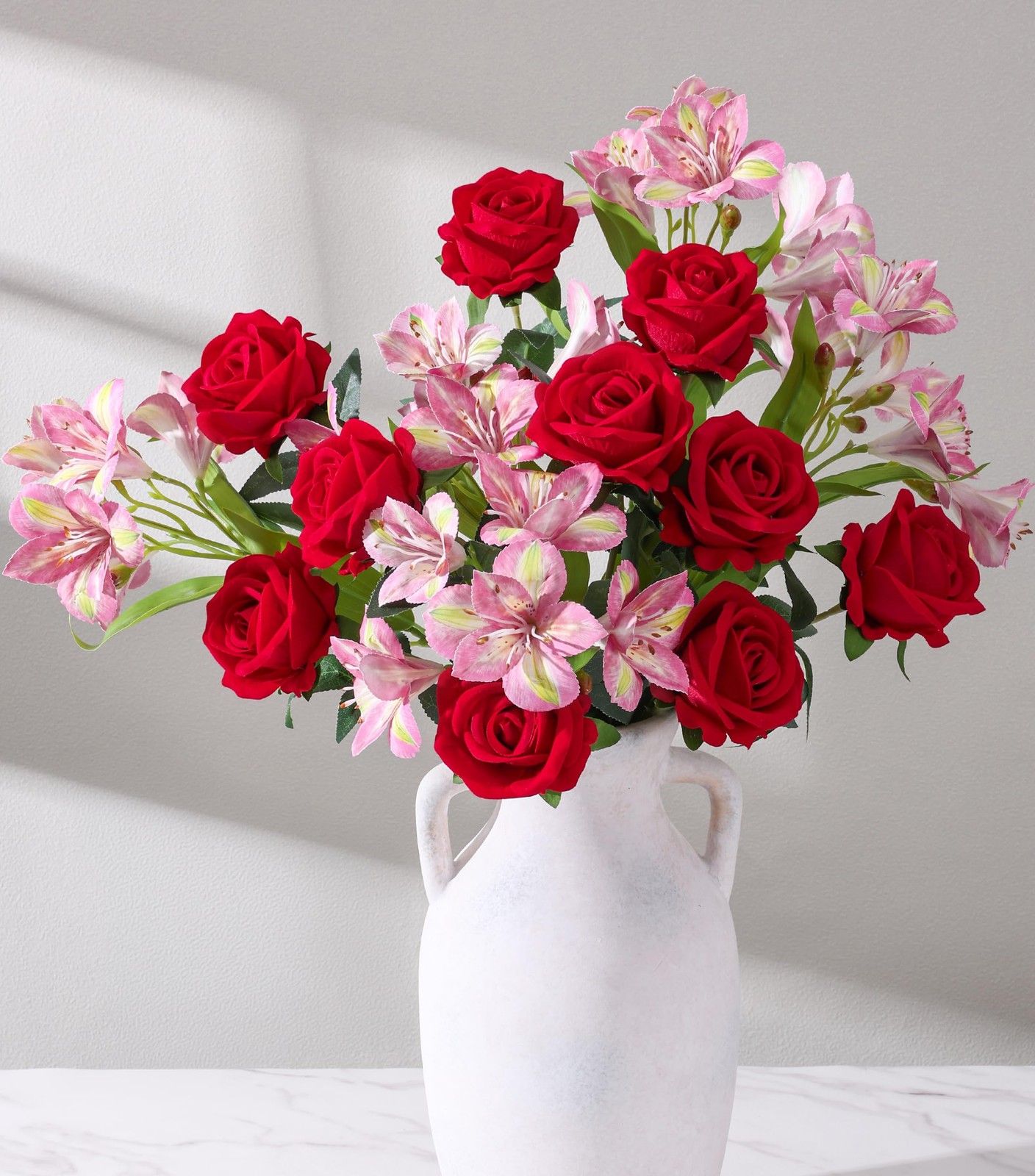 14 Pcs Artificial Flowers Red Roses Lilies Silk Bouquet Home Wedding Decor