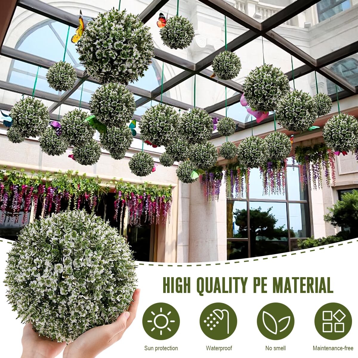3 Pcs Artificial Boxwood Topiary Set – Mixed Size (9″, 7″, 4.7″) White-Edged …