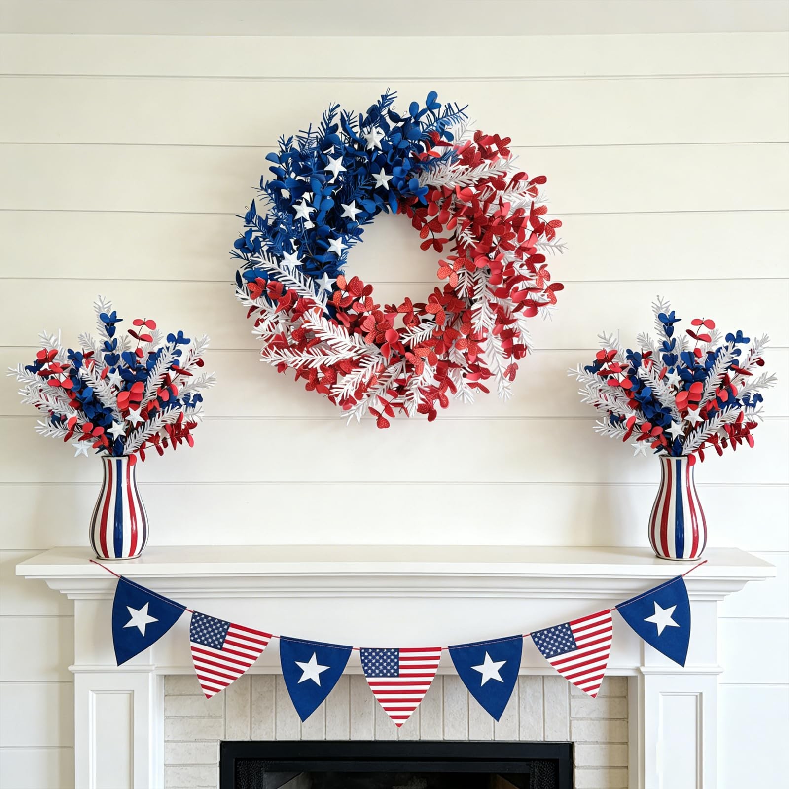 6 Pcs Patriotic Decor Stems with Red Blue PE Flowers, White PE Tassels & 2 St…