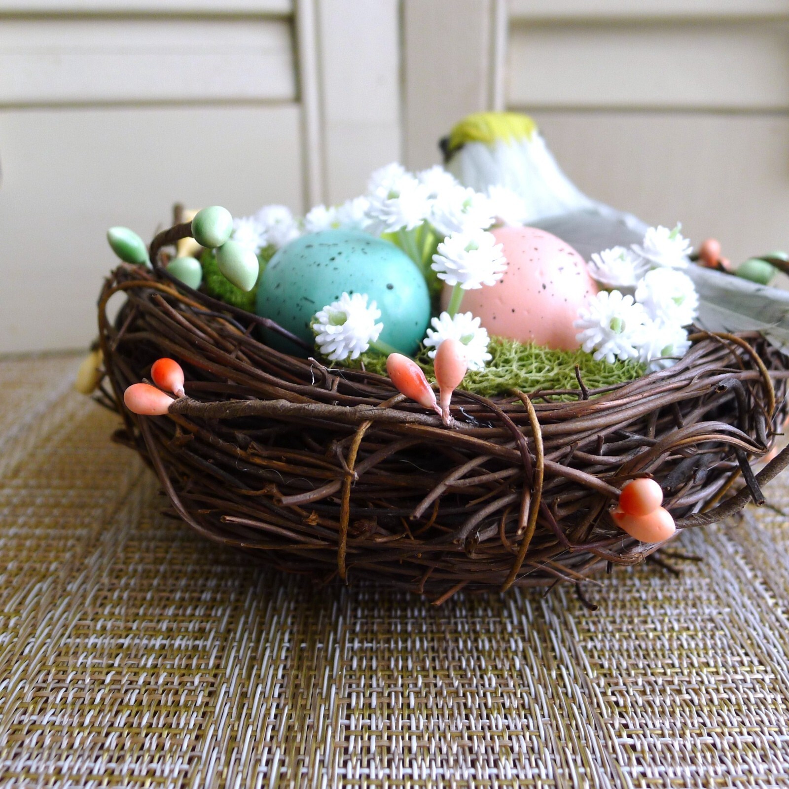 Bird’s Nest Spring Decor with Eggs, Berries, Baby’s Breath Handmade for Tabletop