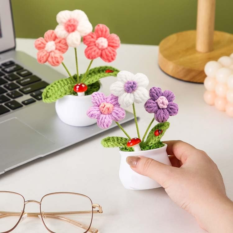 Pink Crochet Puff Flowers Cute Potted Plants Car Dashboard Home Decor Gift