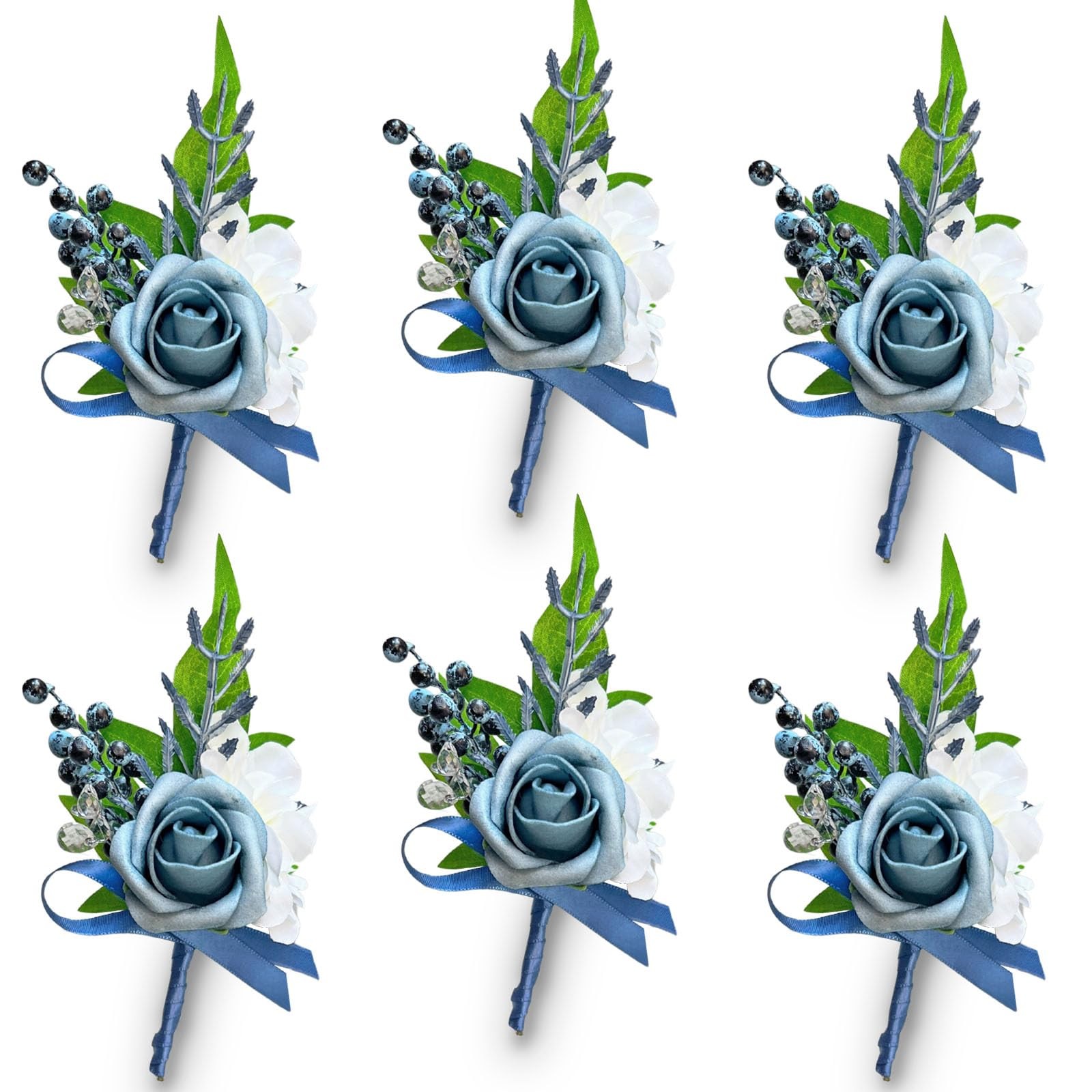 6 PCS Dusty Blue Boutonniere Men Pins Artificial Foam Rose Wedding Prom Decor
