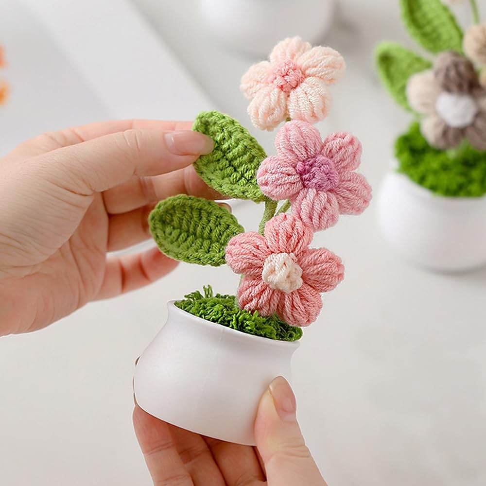 Knitting Crochet Puff Flowers Potted Plants, Gradient Colorful Flowers