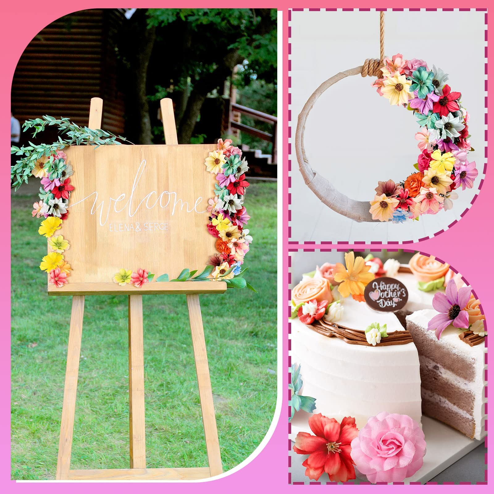 100 PCS Assorted Bright Mini Fake Silk Flower Heads Faux Daisy Rose Craft