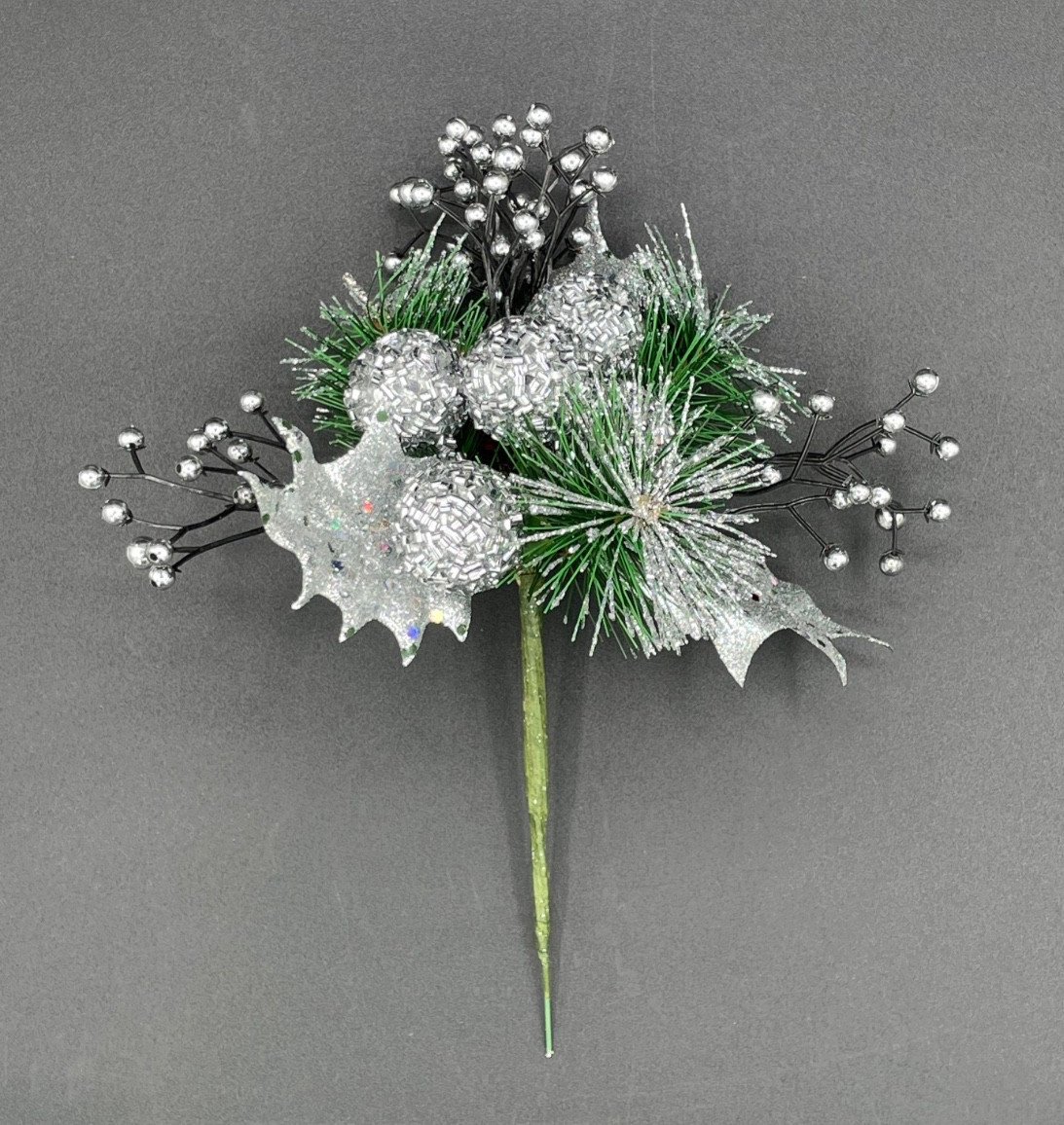 24 Pcs,Floral Pick Lot, Green Artificial Pine Needles & Silver Glittery Accents