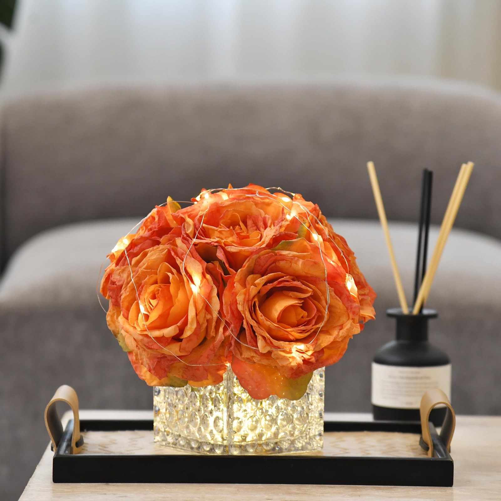 Artificial Rose in Glass Vase Vintage Silk Flower Arrangement with LED Light …