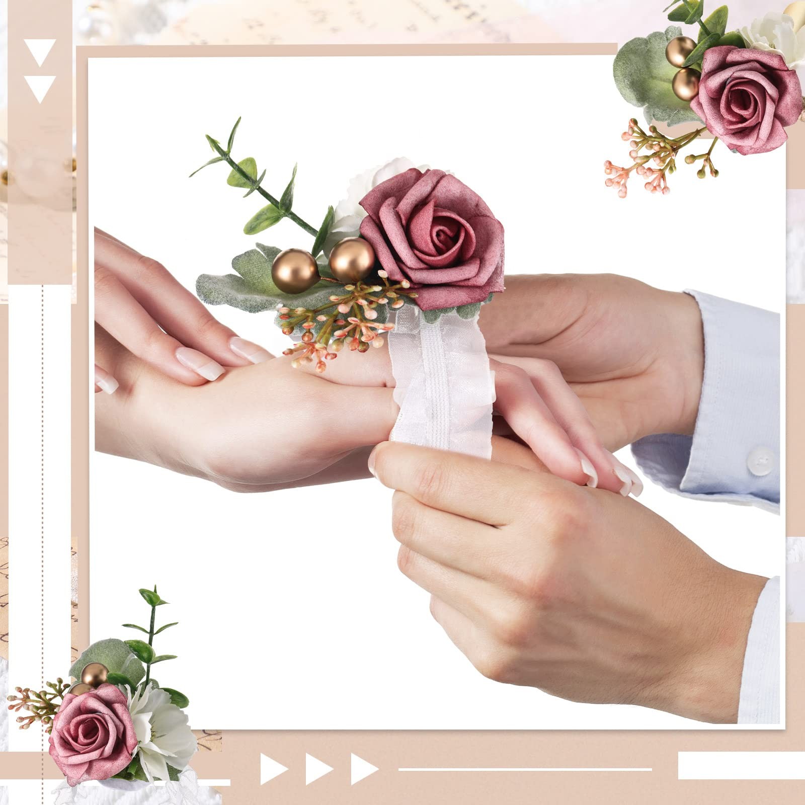12 PCS Dusty Rose Artificial Wrist Corsage Boutonniere Set Wedding Decor