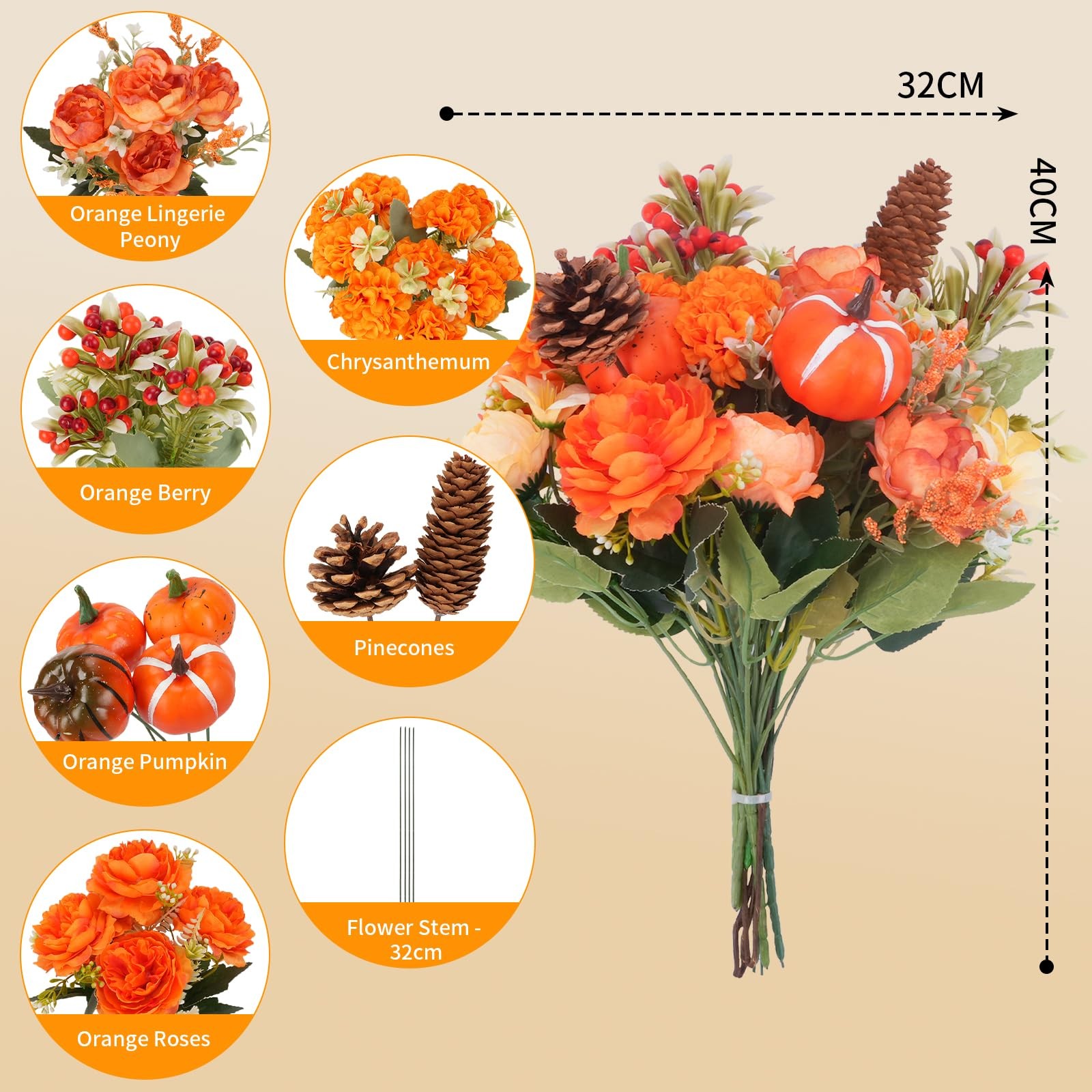 Artificial Fall Flowers Orange Roses Pumpkin Bouquet 10 PCS Set