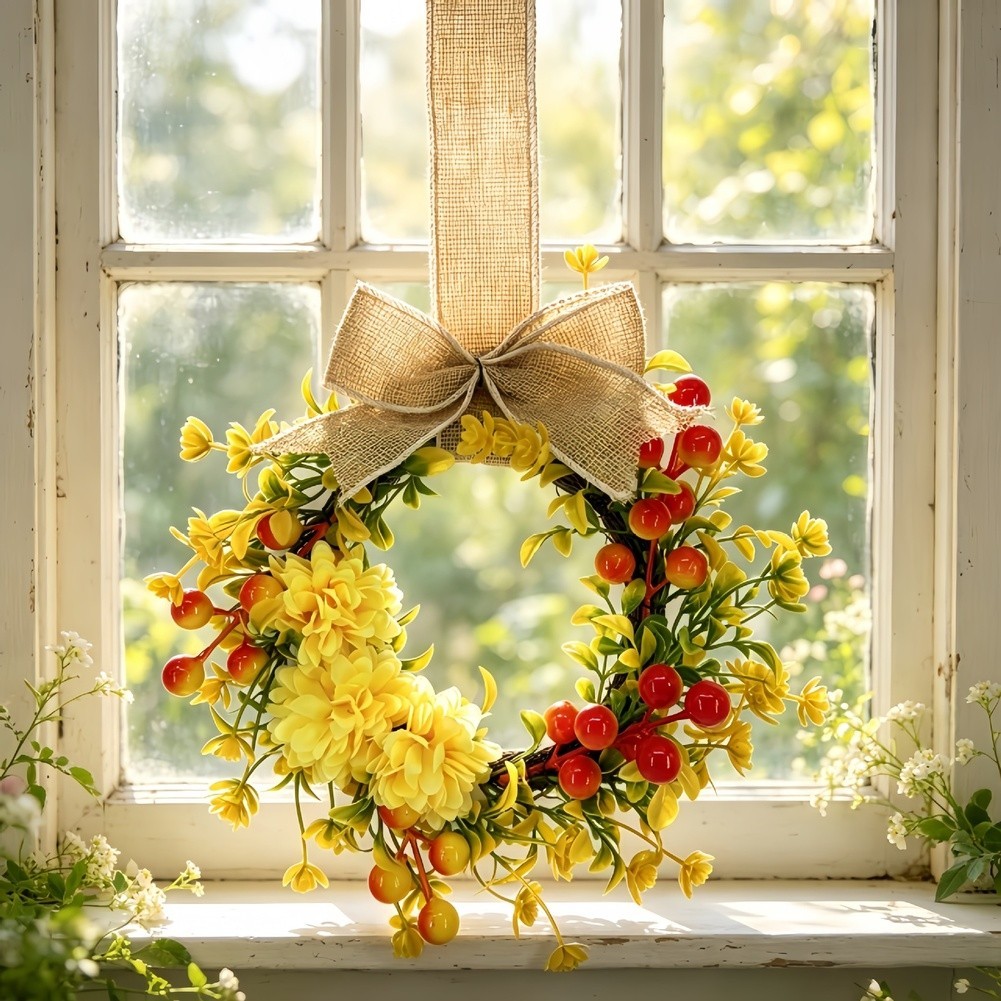 Plastic Wire Artificial Wreath with Chrysanthemums Berries Autumn Theme