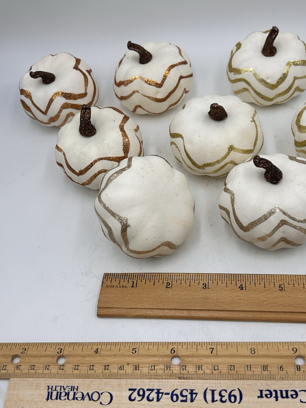 Artificial Faux Pumpkins, 8 PCS White Lifelike Zig Zag Gold/Bronze Paint Glitter