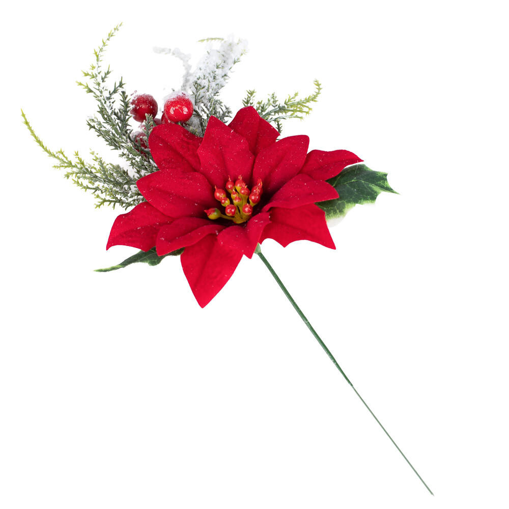 Bulk Lot of 12 Artificial Poinsettia and Holly 10-1/2″ Floral Picks