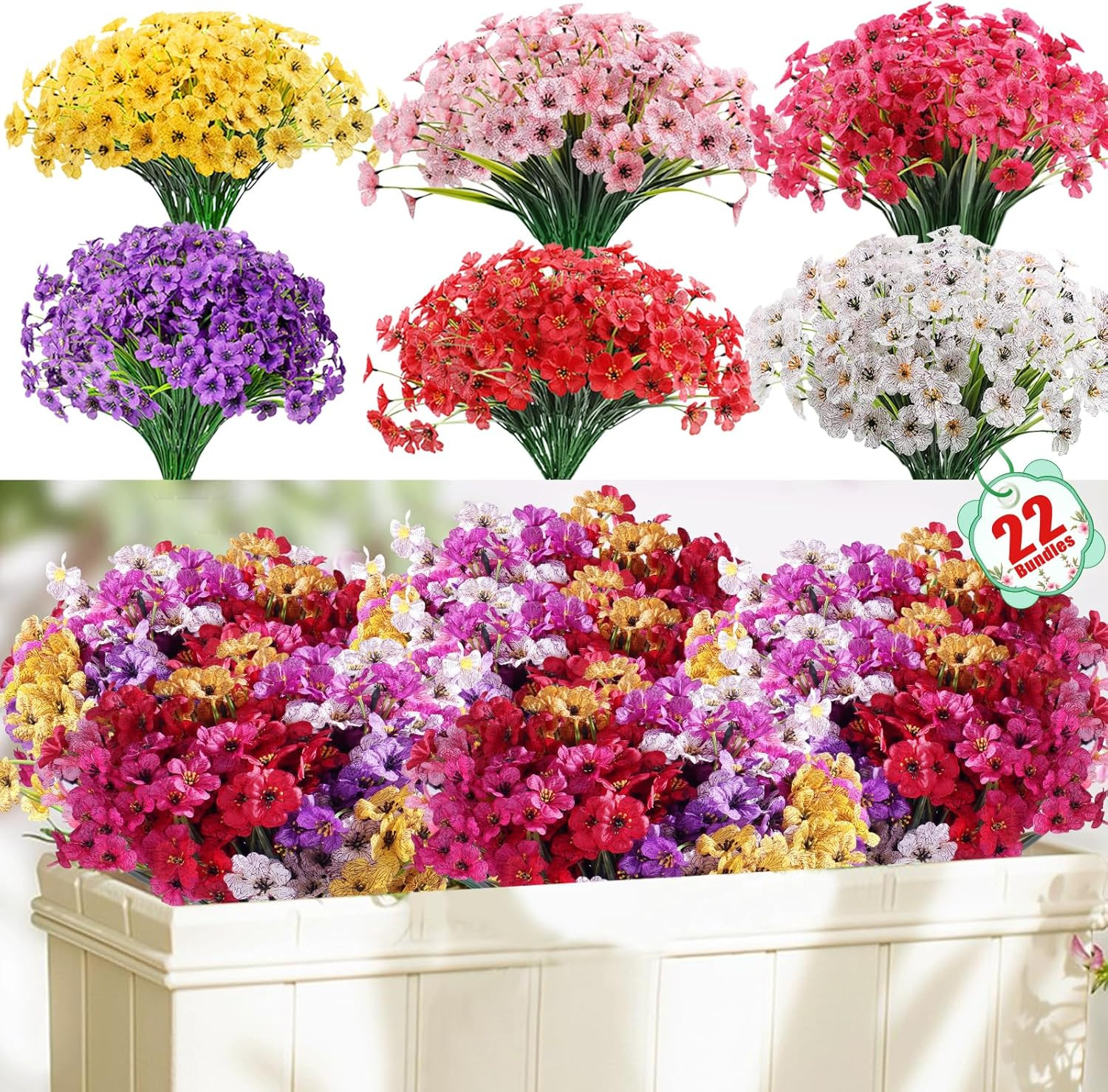 22 Pack Artificial Flowers for Outdoor or Indoor Planters Multi Colour