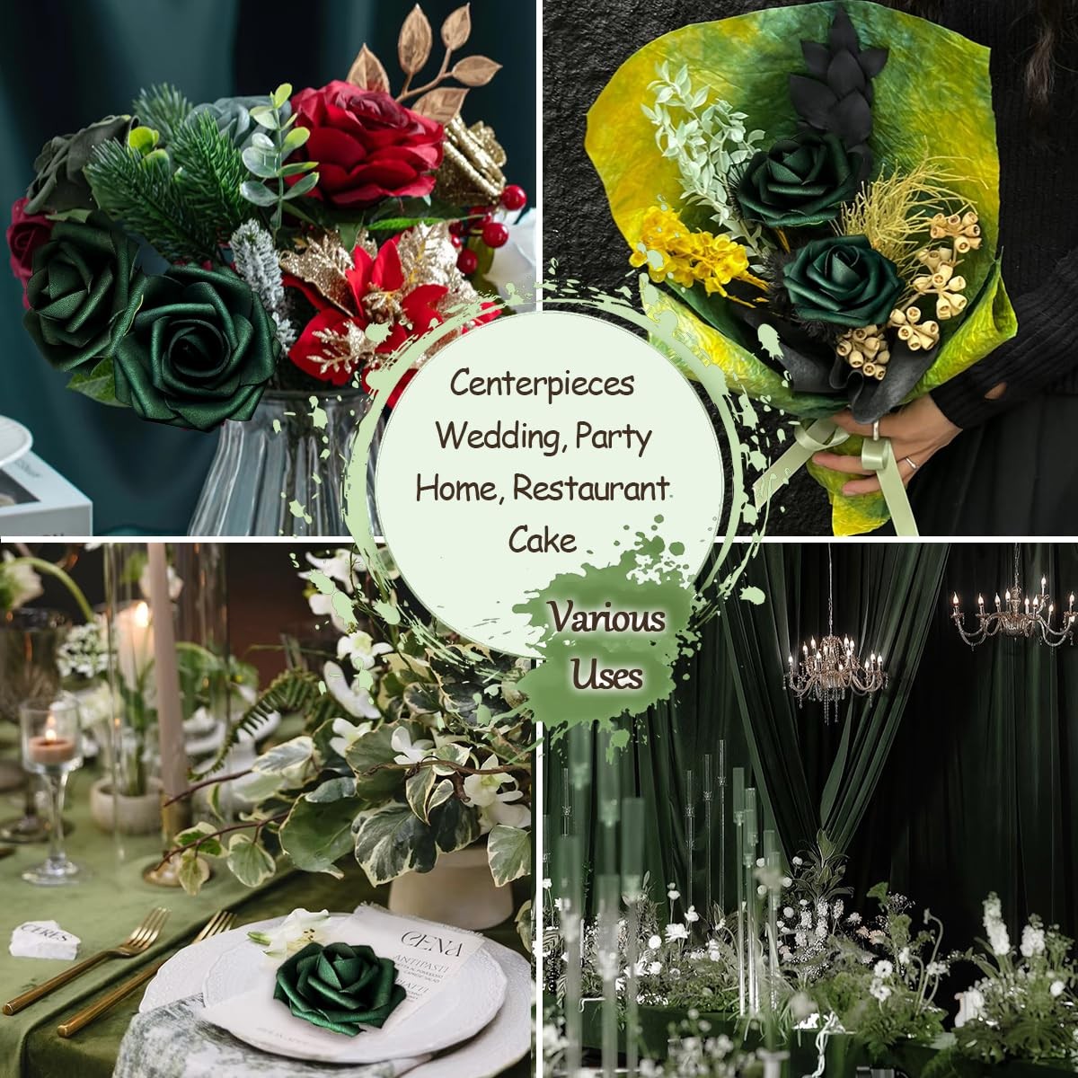 50pcs Emerald Green Artificial Flowers Foam Fake Dark Hunt Green Rose with St…