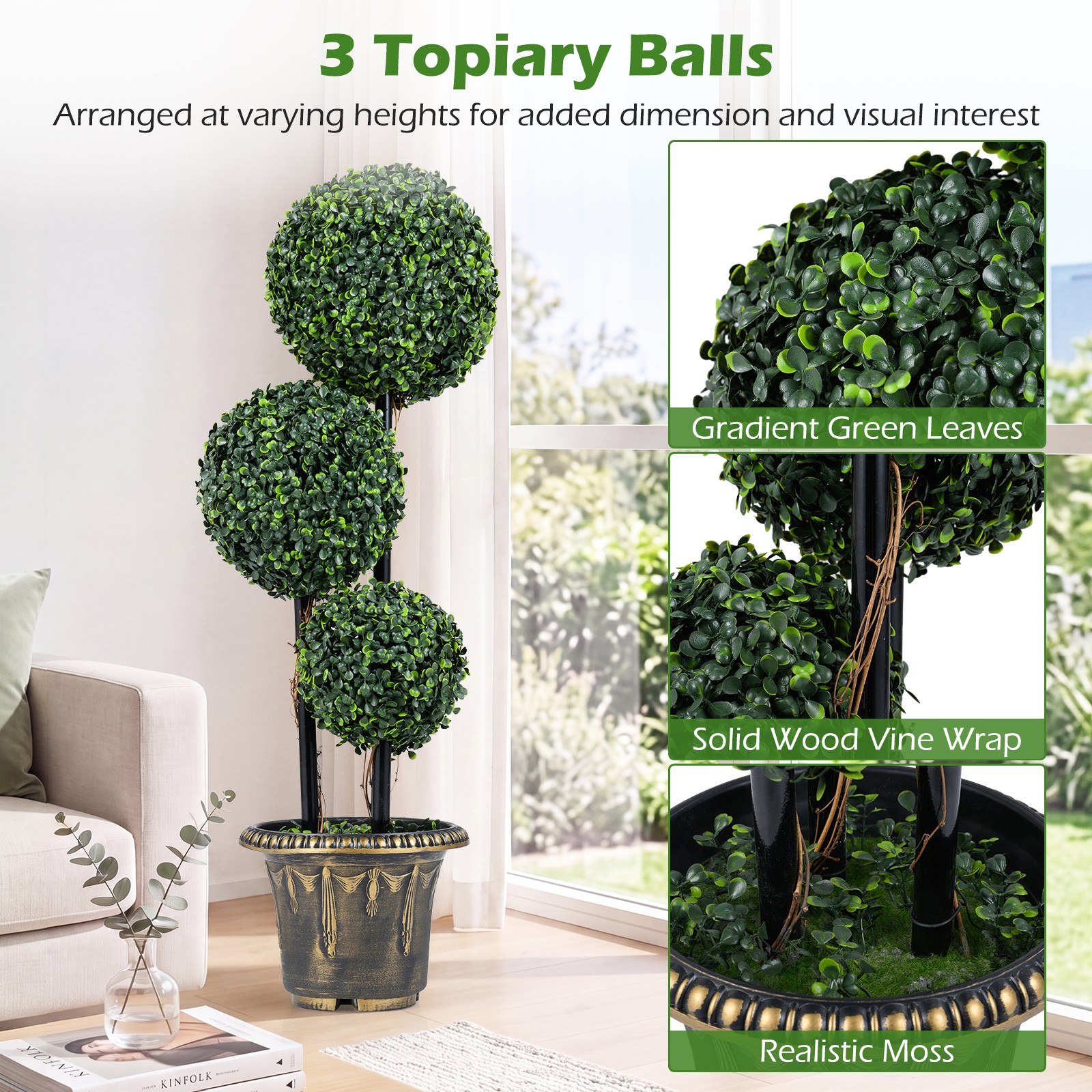 2PCS 3 FT Artificial Boxwood Topiary Tree, Sun-Protective Triple Ball Shrubs