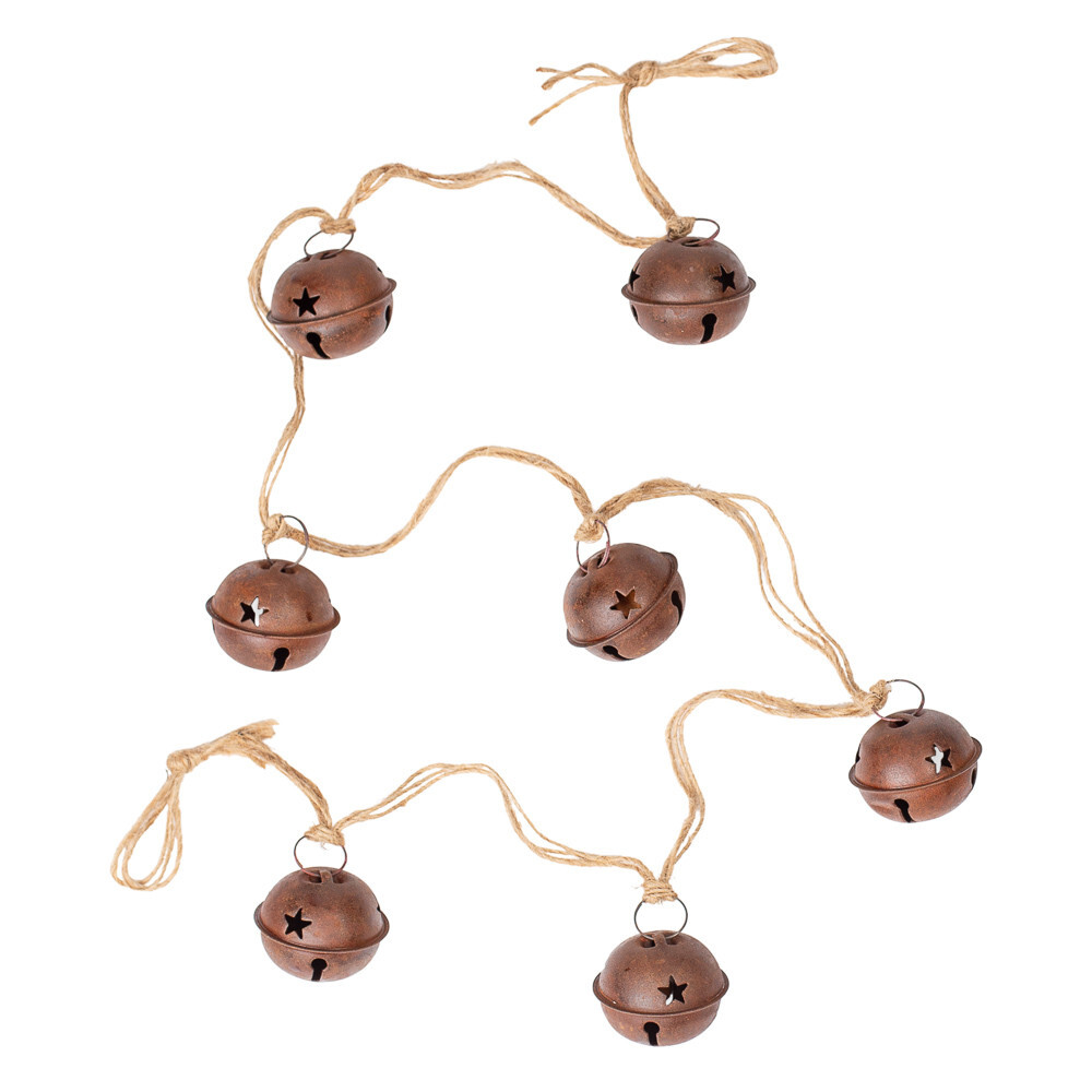 16 feet of Jute Rope Garland with Rusty Tin 2″ Sleigh Bells
