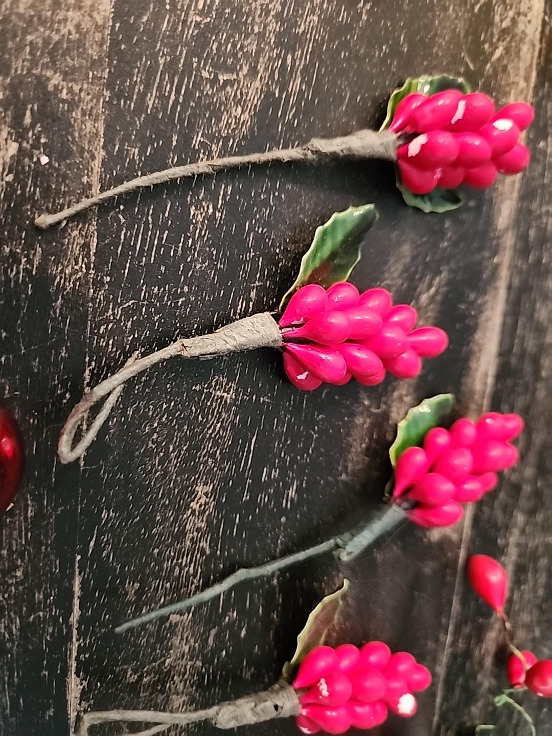 Vintage Asian Lacquered Red Berry Clusters Hand Wired Wrapped on Mini Stakes 5