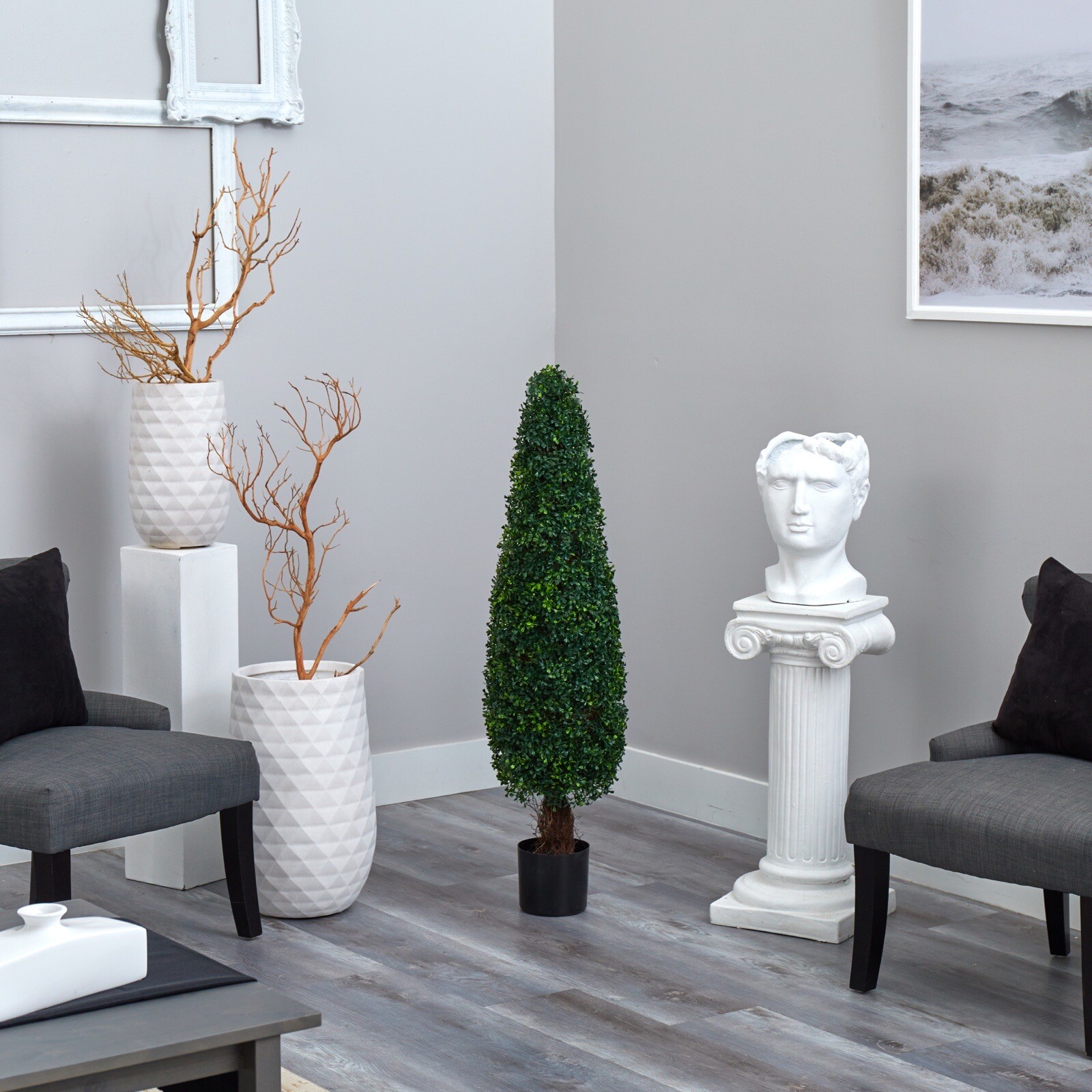 4’ Artificial Boxwood Topiary Cone Tree UV (Indoor/Outdoor). Retail $229