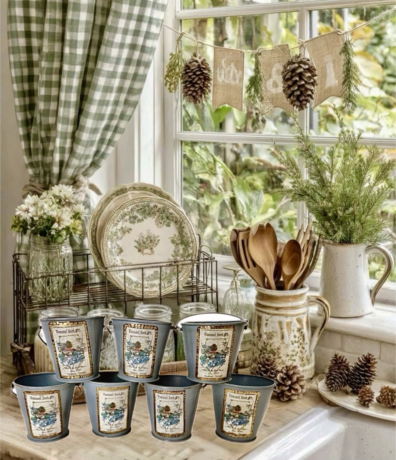 Set 7 VTG Farmhouse Metal Succulent Planters Wedding Favors Rustic Decor Blue