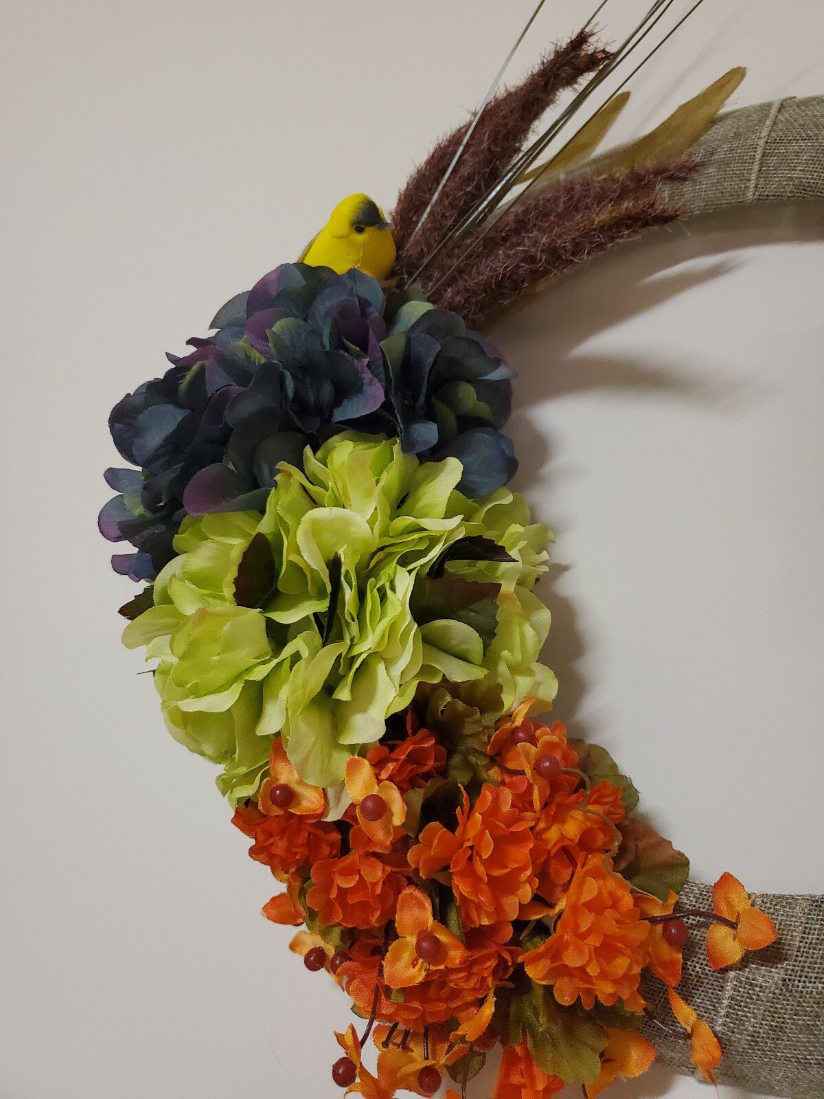 GRATEFUL wreath FLOWER Hydrangeas Foxtail burlap FALL autumn Decor Front Door 15