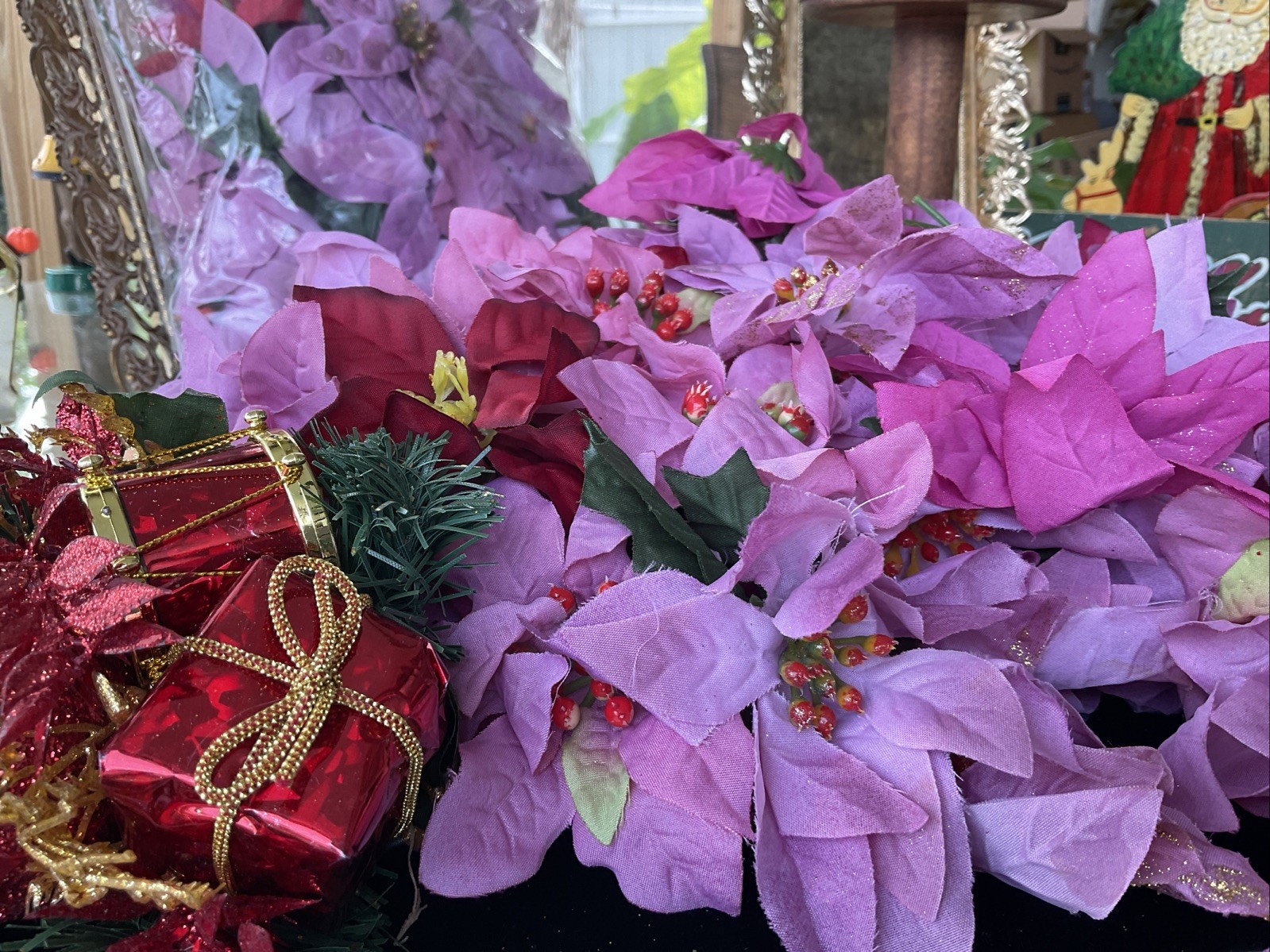 Pink Poinsettia Gold Glitter Artificial Flower Heads Pic Lot Holiday Decor Craft